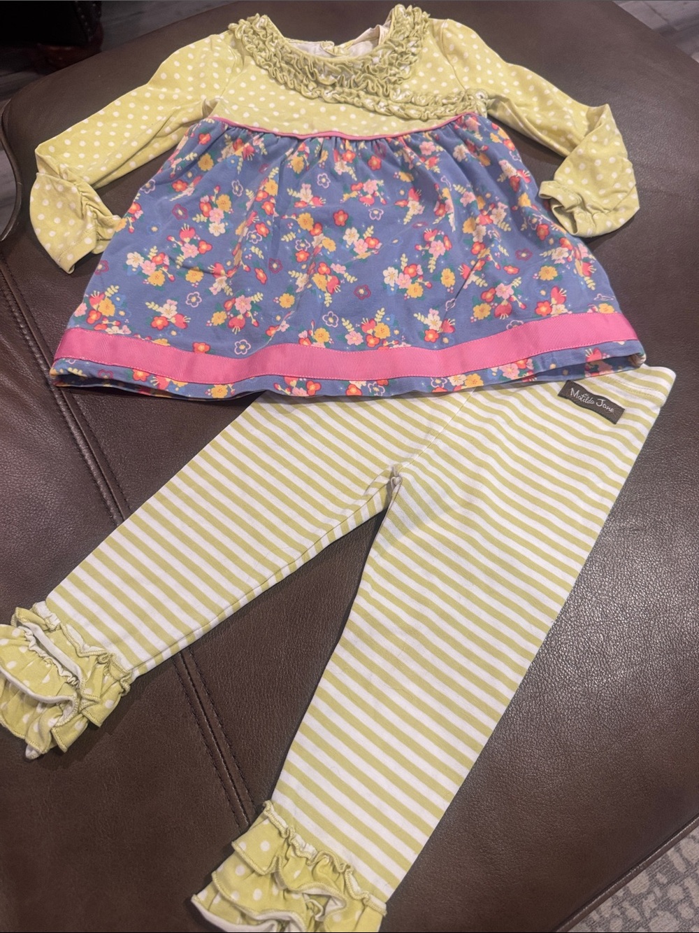 Matilda Jane Floral Blue Tunic with Green Polka Dot Sleeves & Striped Leggings